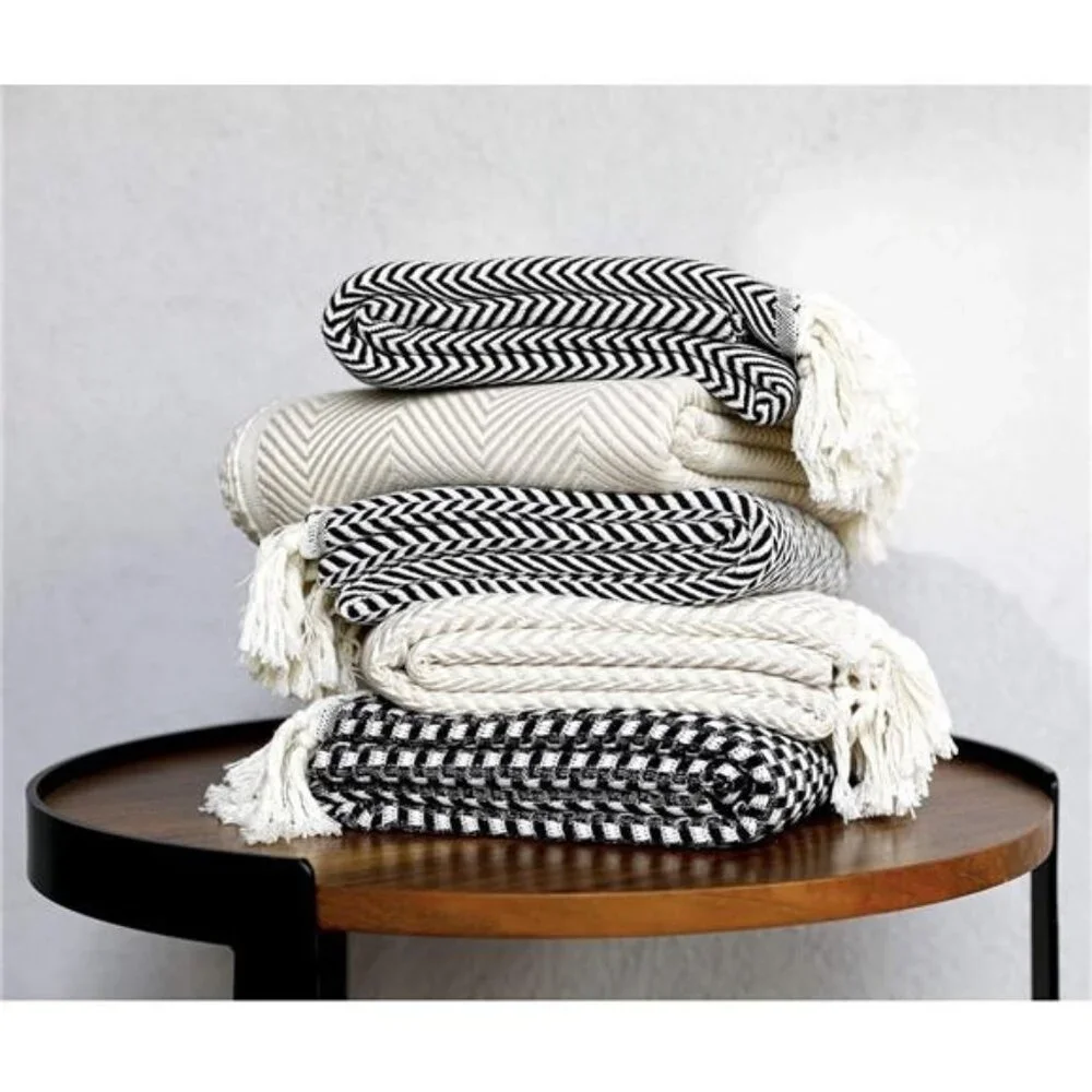 NEW West Elm Boho Black & White Turkish Cotton Throw Blanket Bedding - 60